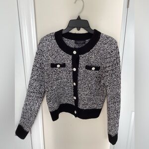 Laundry by Shelly Segal, black and white tweed cardigan with faux pearl buttons.